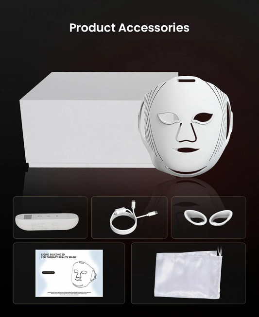 Product accessories including a white LED therapy beauty mask and its packaging on a black background.