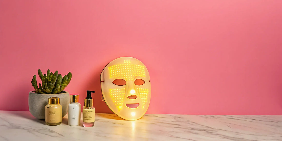 Dermatologist-recommended LED mask with skincare products for at-home use.