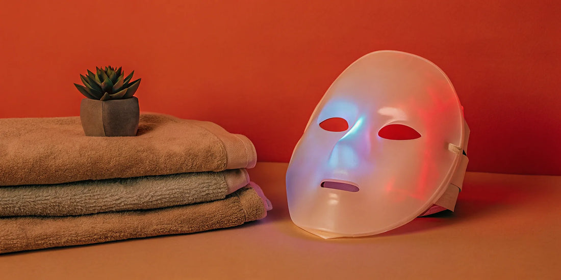 Silicone LED mask with red and blue light therapy.