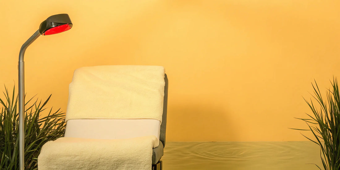 A red light therapy lamp set up over a chair for a wrinkle treatment.
