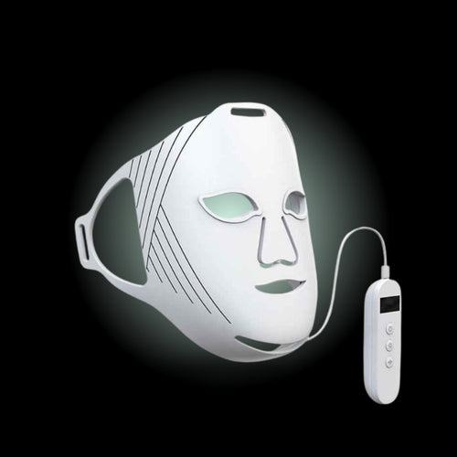 White LED face mask with control device on a black background