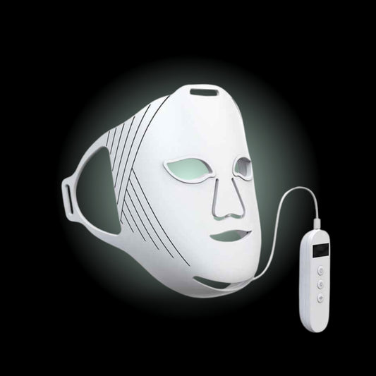 White LED face mask with control device on a black background