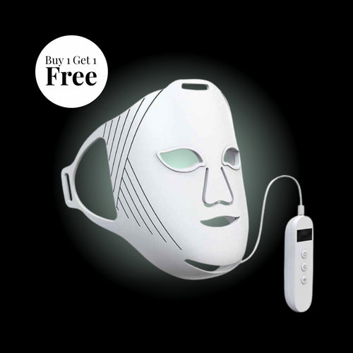White LED face mask with control device on a black background, featuring 'Buy 1 Get 1 Free' text.