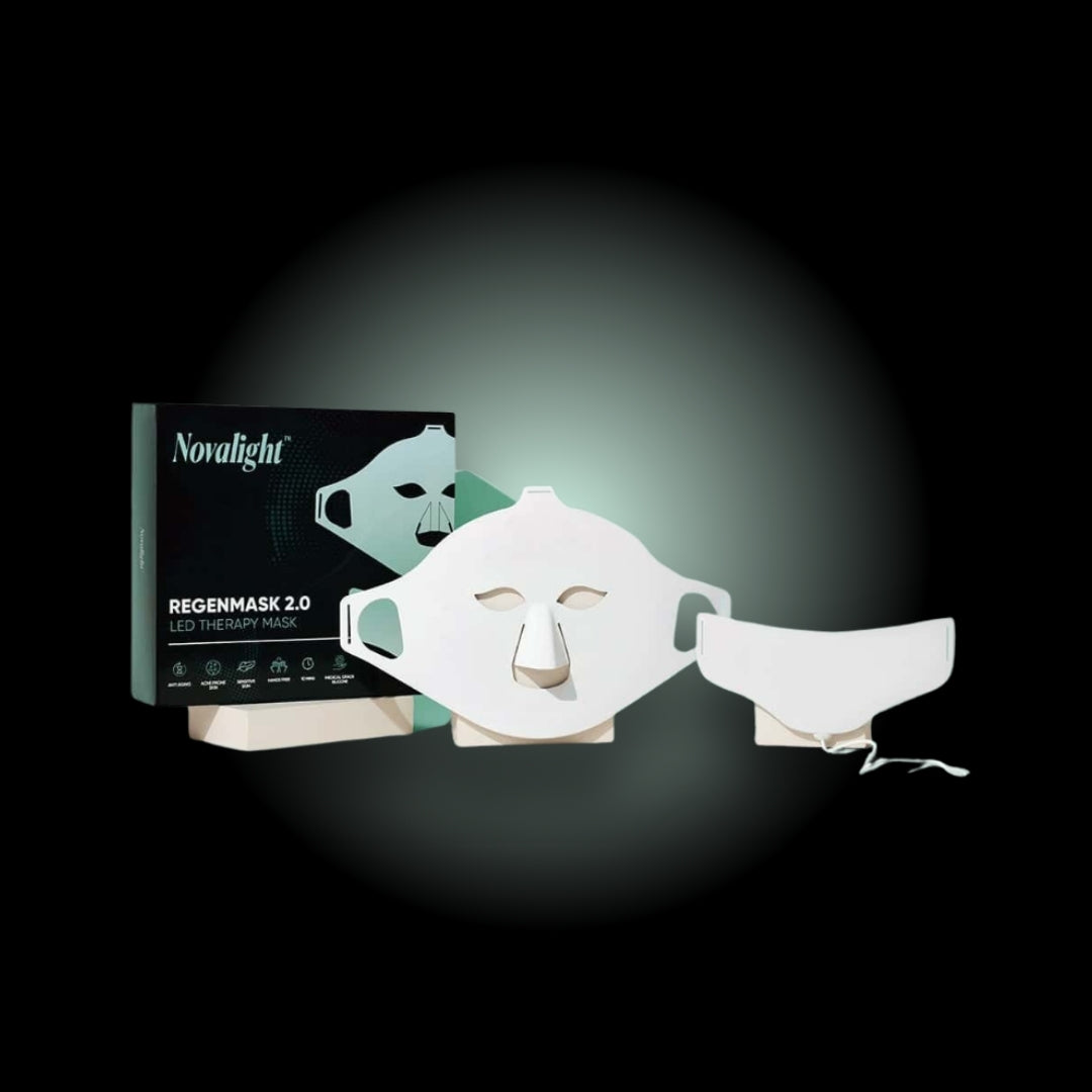 Novalight Regenmask 2.0 with packaging and 'Buy 1 Get 1 Free' offer on a dark background