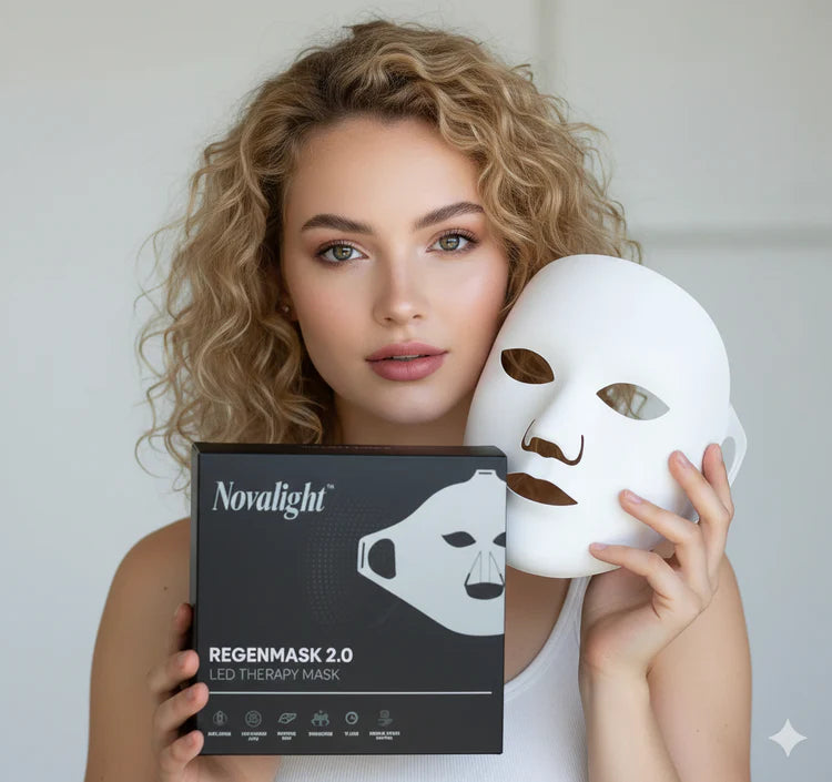 Woman holding a white LED therapy mask and its packaging with 'Novalight' branding.