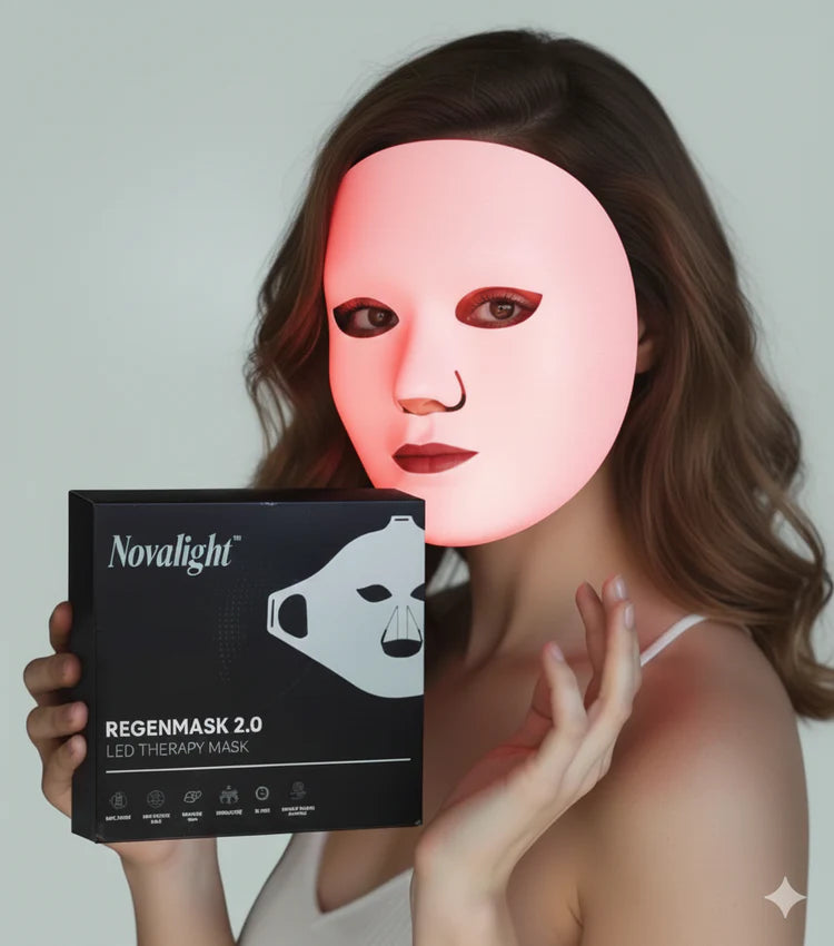 Woman holding a Novalight Regenmask 2.0 LED therapy mask box with a glowing mask on.