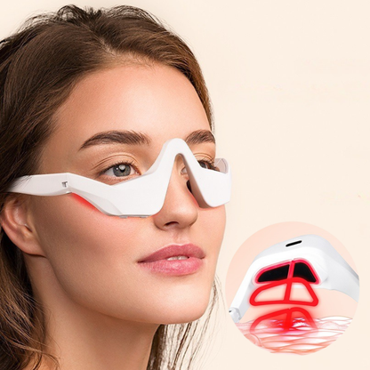 Woman wearing a red light eye massager with product details on a beige background