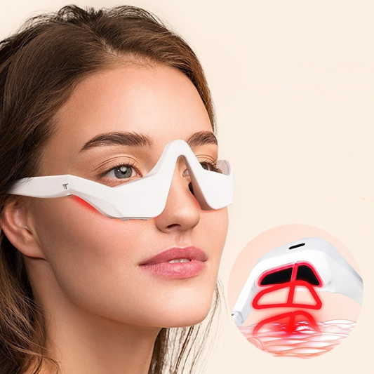 Woman wearing a red light eye massager with product details on a beige background