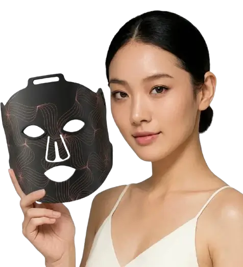 Woman holding a black facial mask with white patterns on a white background