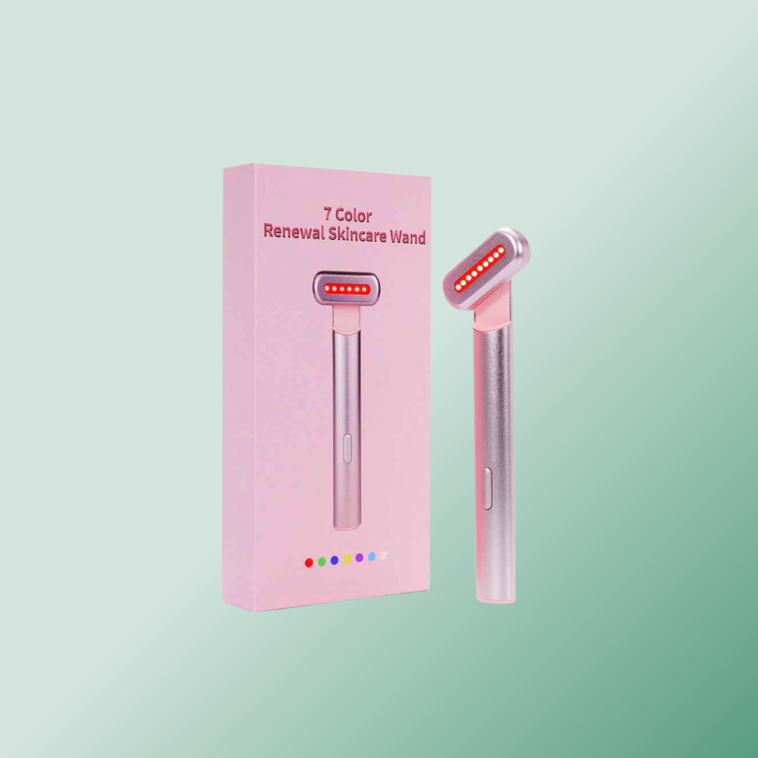 Pink skincare wand with packaging on a gradient background