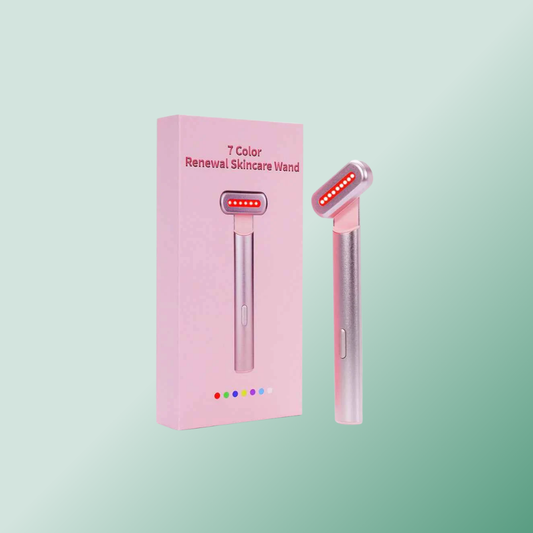 Pink skincare wand with packaging on a gradient background